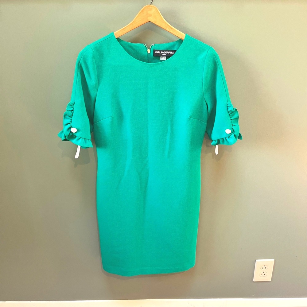 NEW Karl‎ Lagerfeld Paris Green Career Dress Ruffle Sleeve Pearl Button Size 4